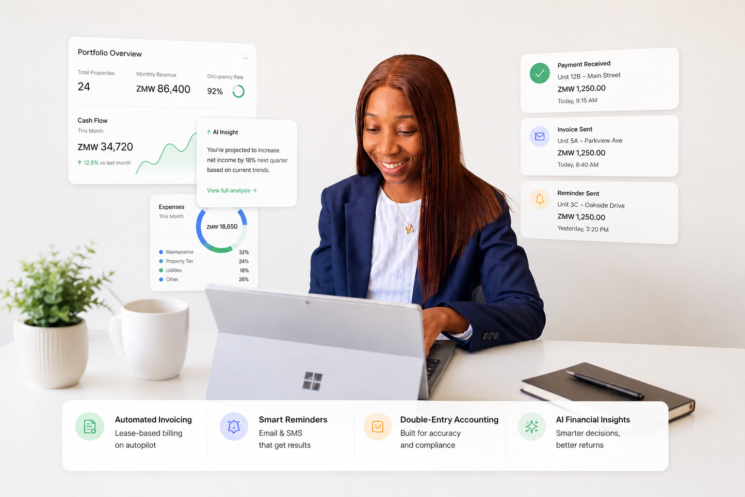 ZangoFinance portfolio overview dashboard showing ZMW 86,400 monthly revenue, cash flow trends, AI financial insights, and expense breakdown