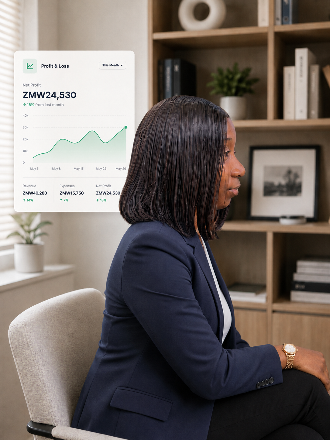 Profit and Loss report showing ZMW 24,530 net profit with 18% growth and a trend chart for May